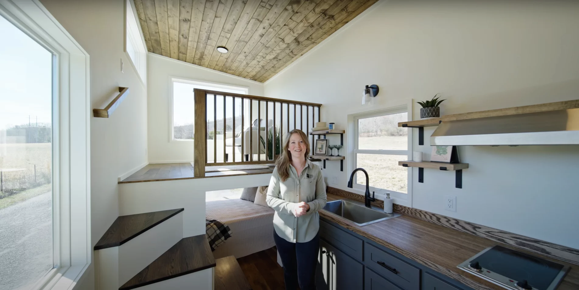 The Pingora's interior layout places the bedroom downstairs and the living room upstairs