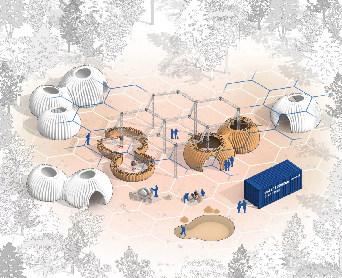 An illustration showing how mutlitple Crane WASP printers can work on several structures simultaniously