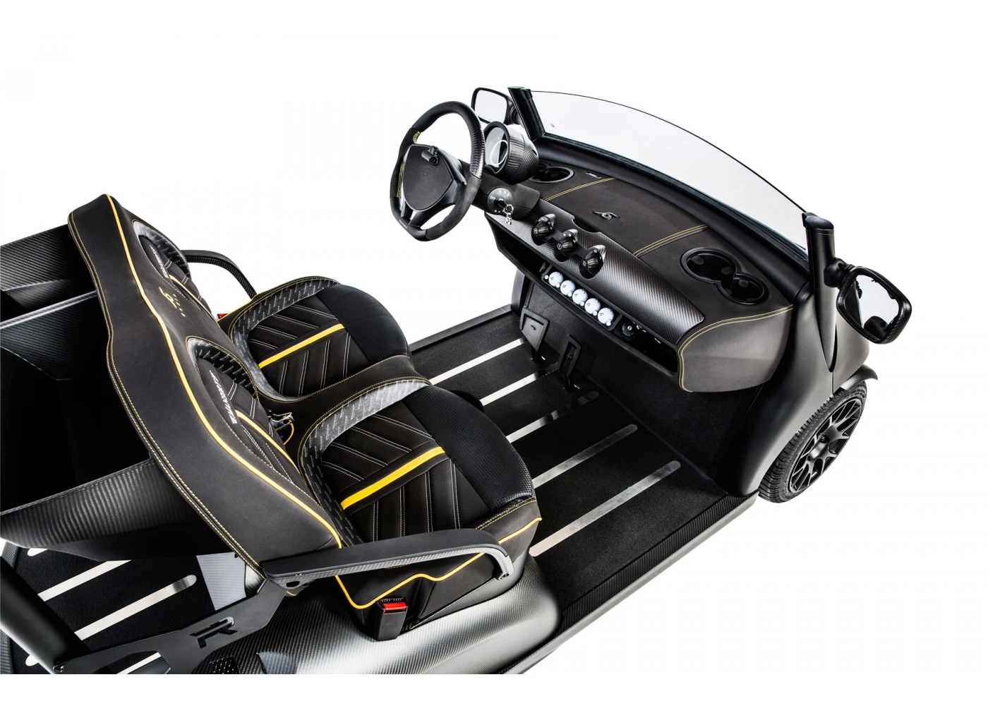 The golf car comes with signature Mansory spec including leather dashboard, custom seat, and carbon fiber rear body