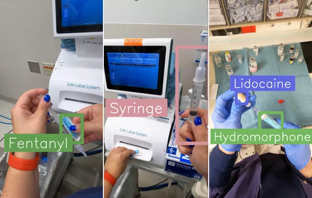 Still images from video snippets show how the system identifies in real-time what a clinician is holding