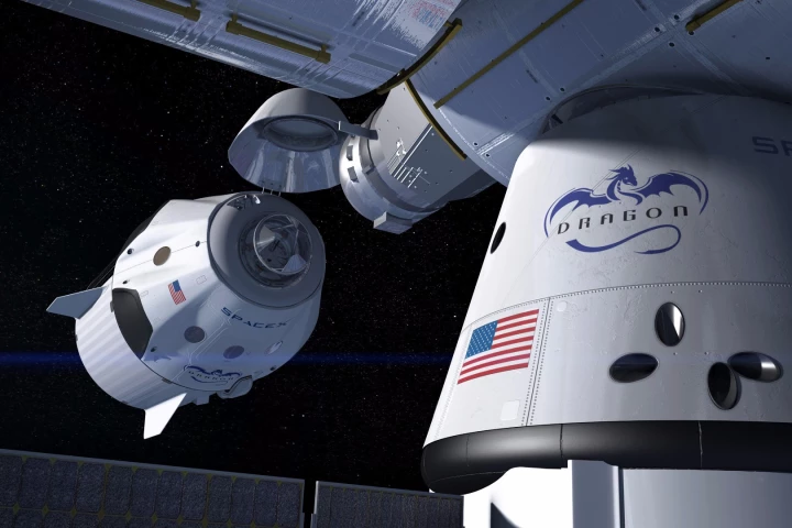 Artist's concept of a SpaceX Crew Dragon docking with the International Space Station
