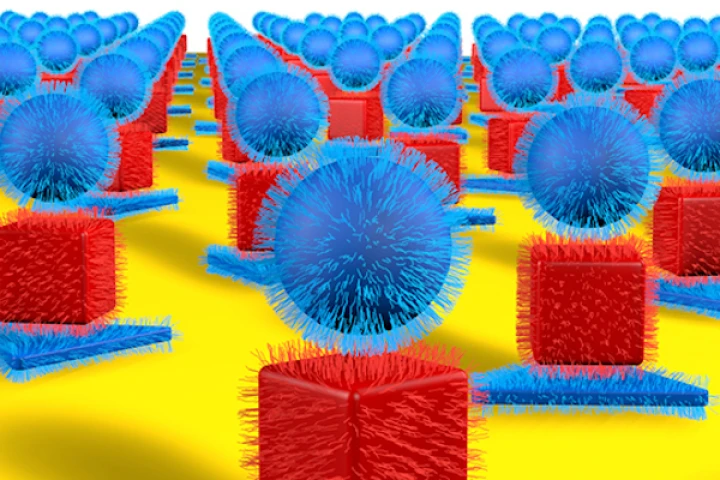 An artist's rendition of a "superlattice" of DNA-modified gold nanoparticles, which can change the optical properties of a material