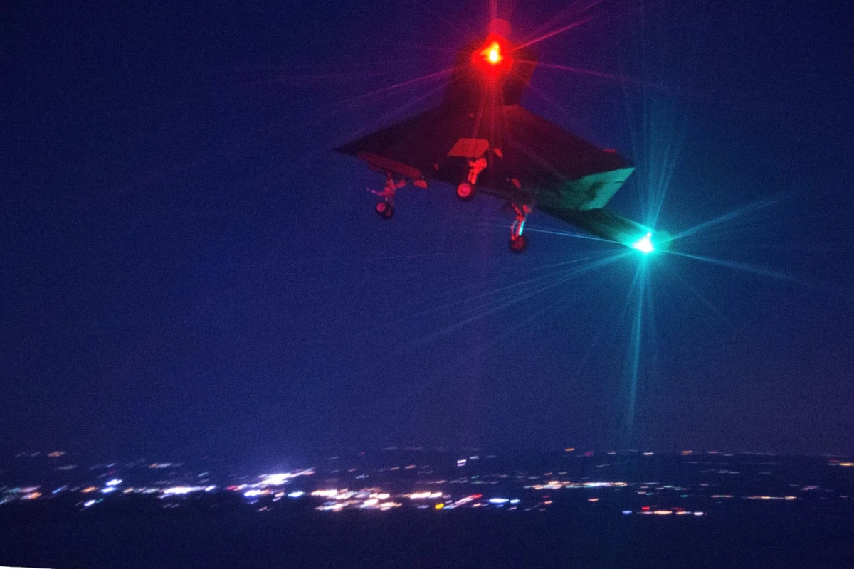 The X-47B on its first night flight carried out at Naval Air Station Patuxent River on April 10