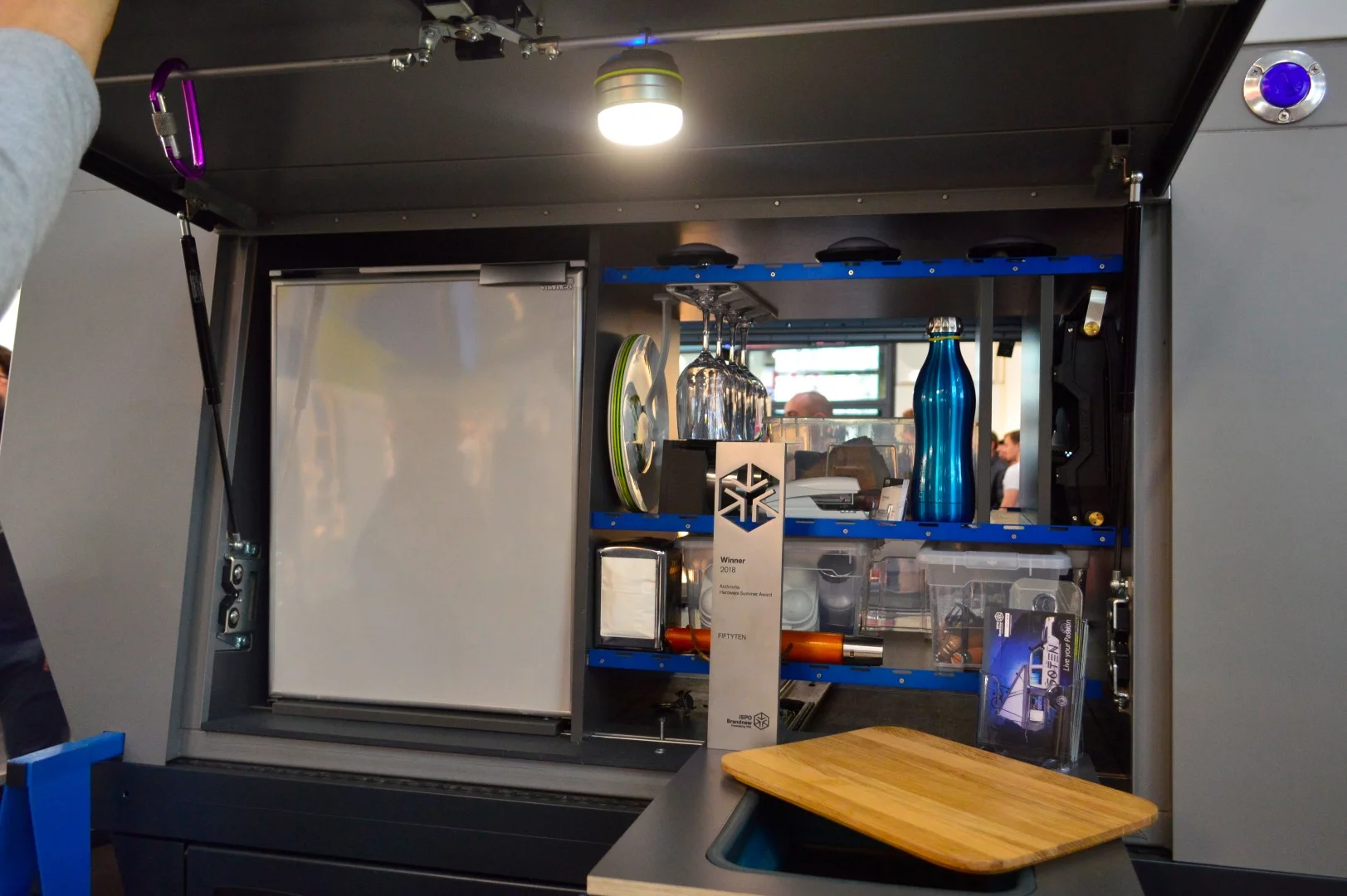 At ISPO, Fiftyten showed a camper truck configuration with slide-out countertop, sink and refrigerator
