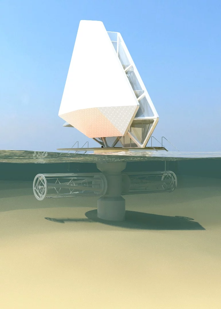 Winner of the Grand Prix in the Innovation and Architecture for the Sea category is Currents for Currents, Blue is the new green. A modular housing solution for vulnerable coastal communities featuring entirely off-grid units that harvest solar and tidal power.