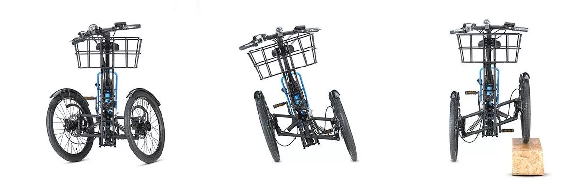 The Noslisu electric trikes feature Kawasaki's own synchronized steering system and tilting mechanism