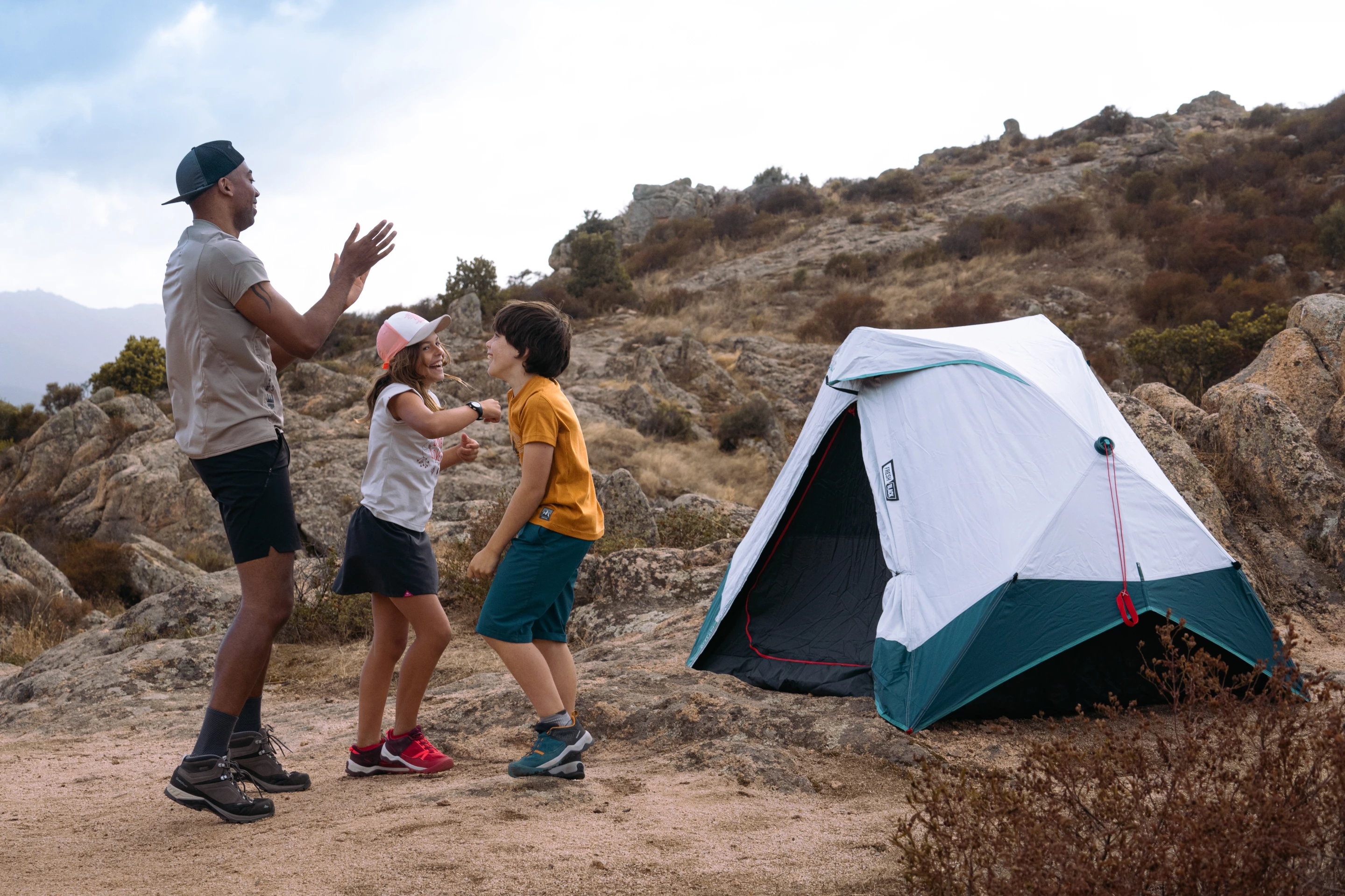 The 2-person Easy pictured is noticeably too skinny for three, but the soon-to-launch 3P will house all three campers comfortably