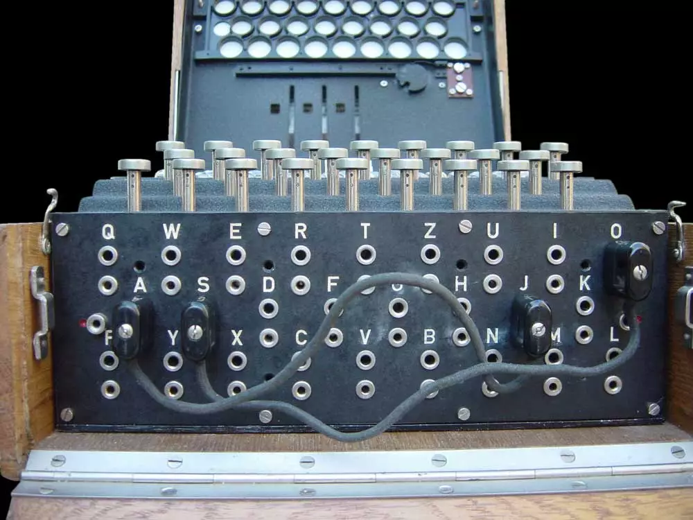 As if the rotor system wasn't complicated enough, the Germans also incorporated a plug board called the Steckerbrett to the Engima (source: CC)