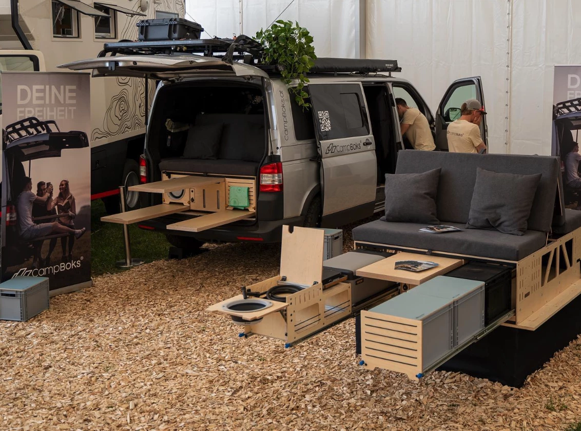 On display at Adventure and Allwheel 2024, this Campboks has its flip-up sink in place and a black Boxio in place of one the Euroboxes
