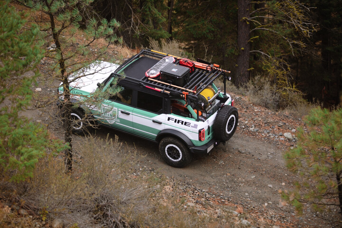 The custom roof rack carries equipment and works as a lookout stand to give firefighters a higher vantage point