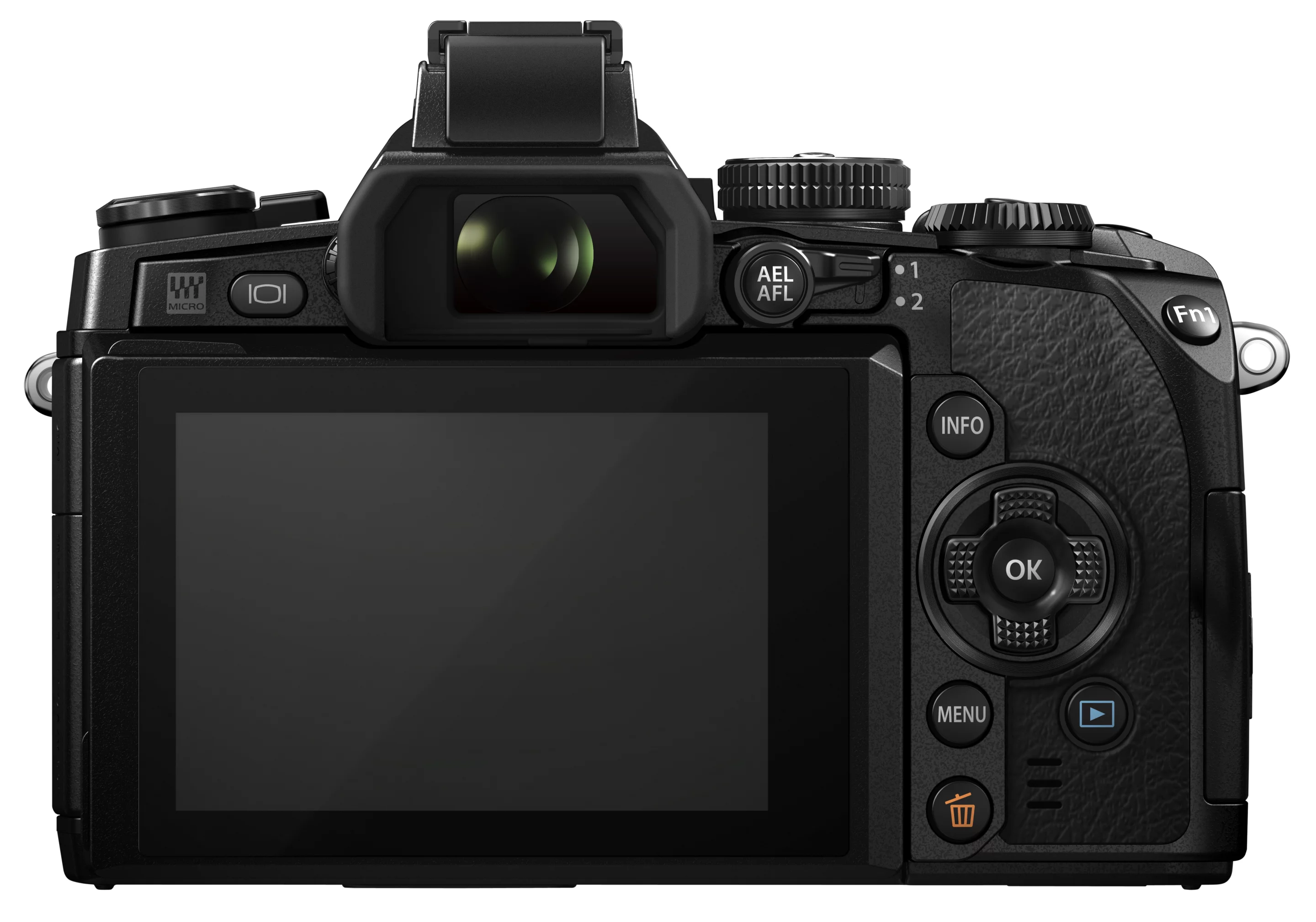 On the rear of the Olympus OM-D E-M1 is a 3-inch tiltable LCD touchscreen on the rear with a 1,037K dot resolution