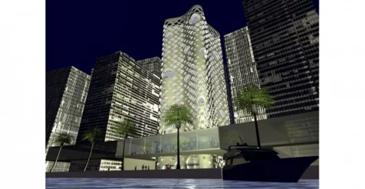 Dubai's innovative O-14 office tower has a perforated concrete shell which acts as its structure and facade: over 1,000 holes in the shell provide light, shade, air and views and assist passive solar technology