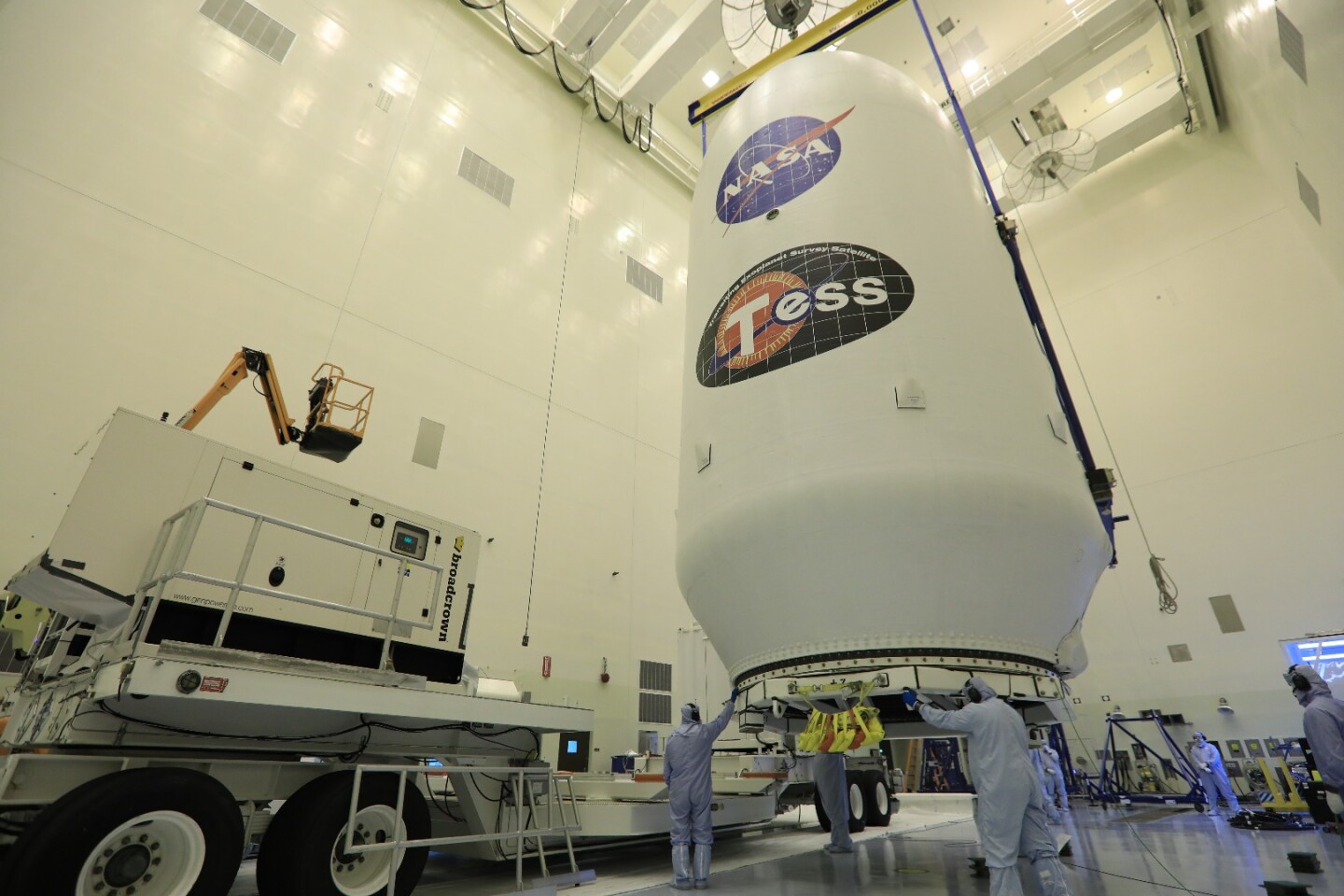 TESS in its nose cone awaits mating with the Falcon 9 rocket