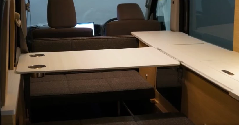 Miniature Cruise Cozy campers can use the cushions to make a dining bench with or without cushioned backrest