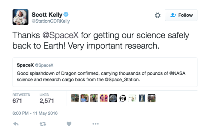 Astronaut Scott Kelly shows his gratitude