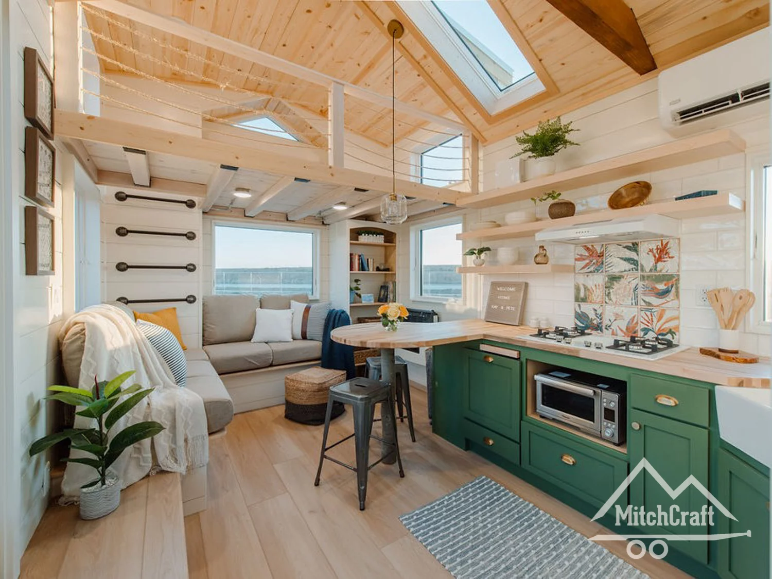 The extra width of Kay's Tiny Home allows for a full-sized kitchen, open living area and twin master lofts