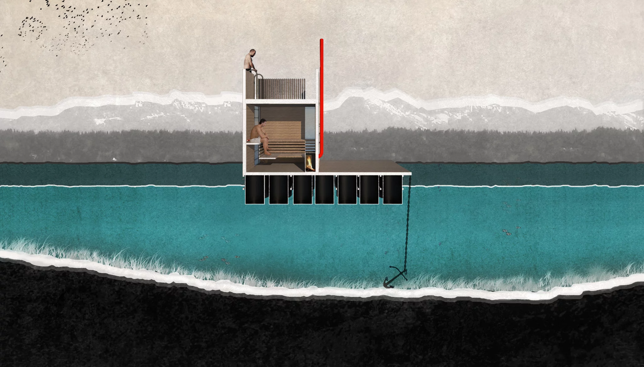 The sauna space features tiered seating, a cool-down hatch and a wood-burning stove