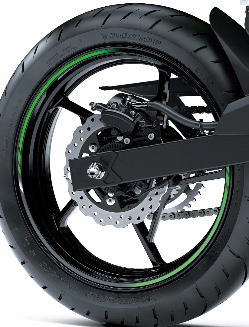 The new lightweight wheels of the 2018 Kawasaki Ninja 400 are similar to those used in the Ninja 650