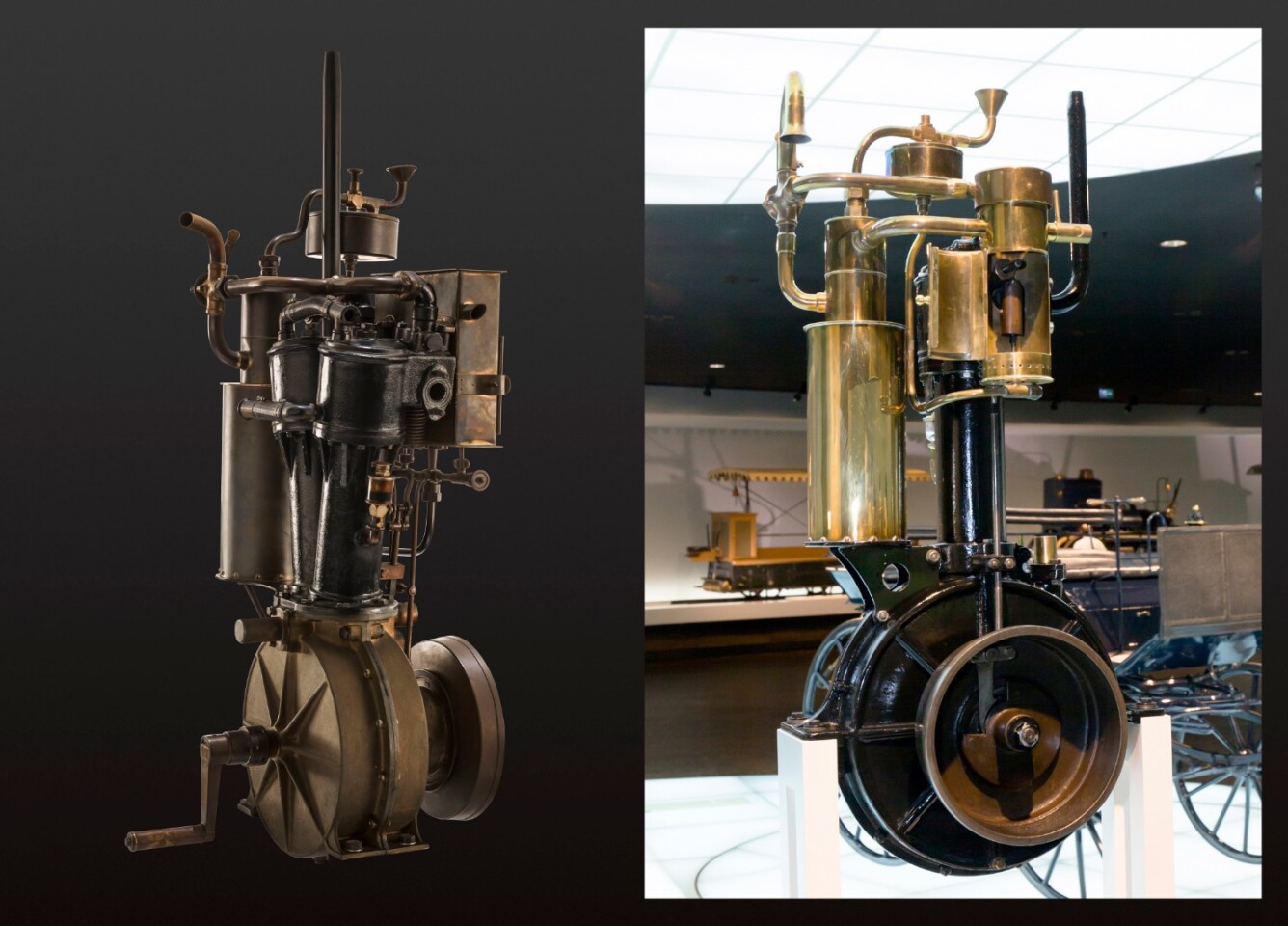 At left is a replica of the 1894 Daimler engine that powered the winning Peugeot and Panhard & Levassor cars of the first competitive motorcar race from Paris to Rouen on 22 July 1894. At right is the very first 1885 "Grandfather Clock" Daimler engine