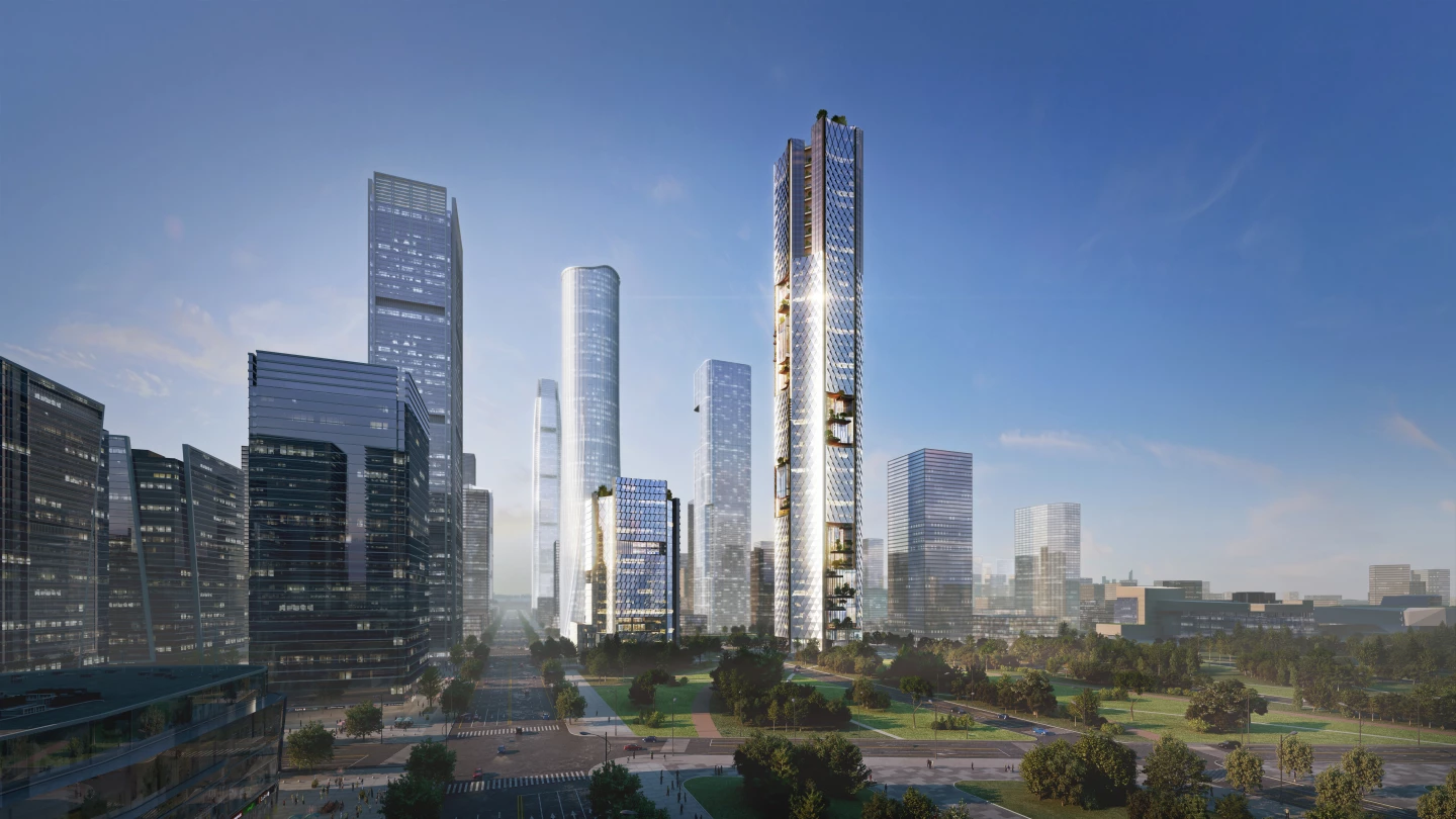 The Nanjing Nexus will rise to a maximum height of 350 m (1,148 ft)