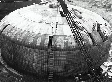One of the waste storage tanks being constructed in 1944