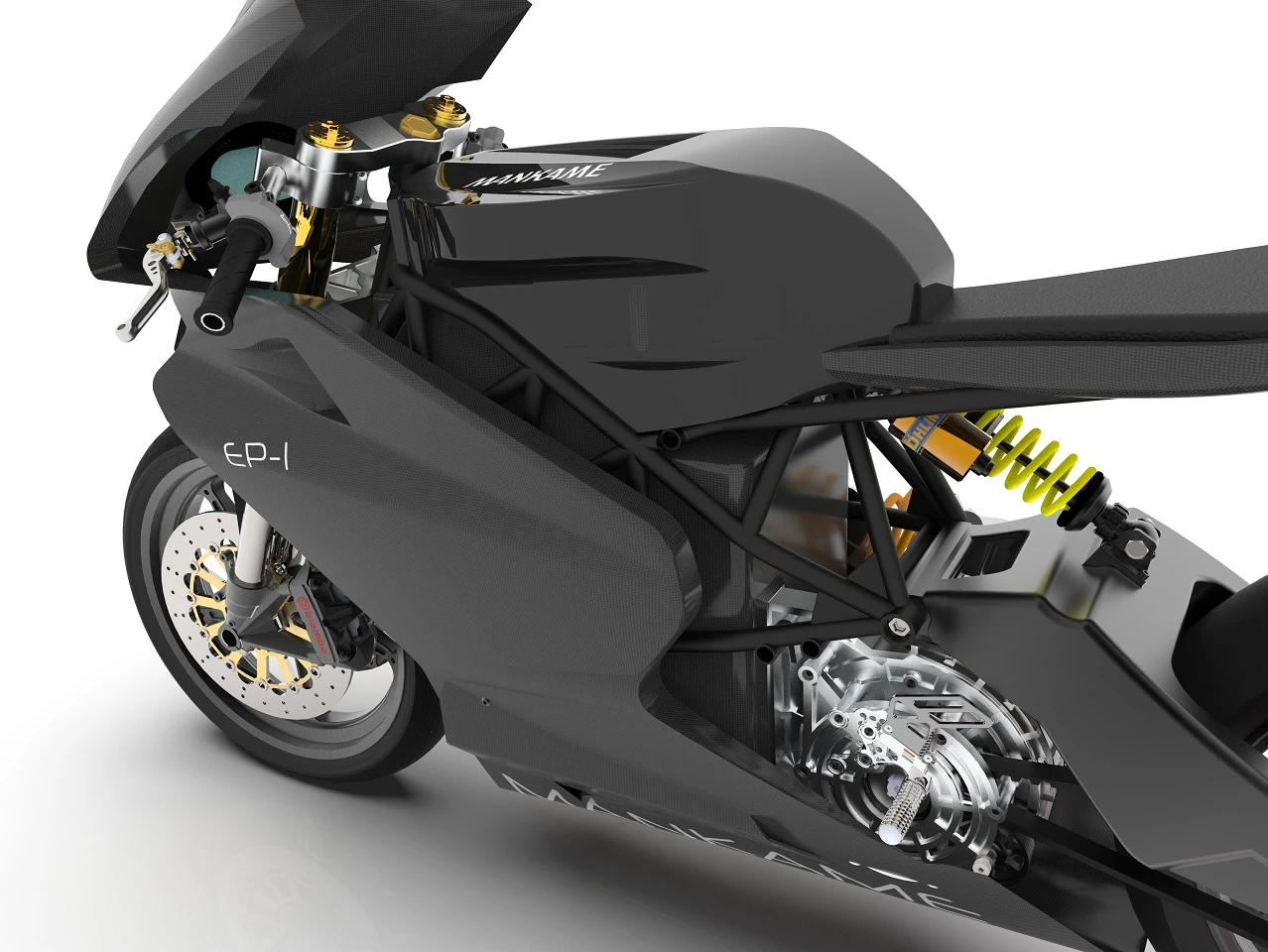 Initial planning previews a massive aluminum swingarm for the Mankame EP-1