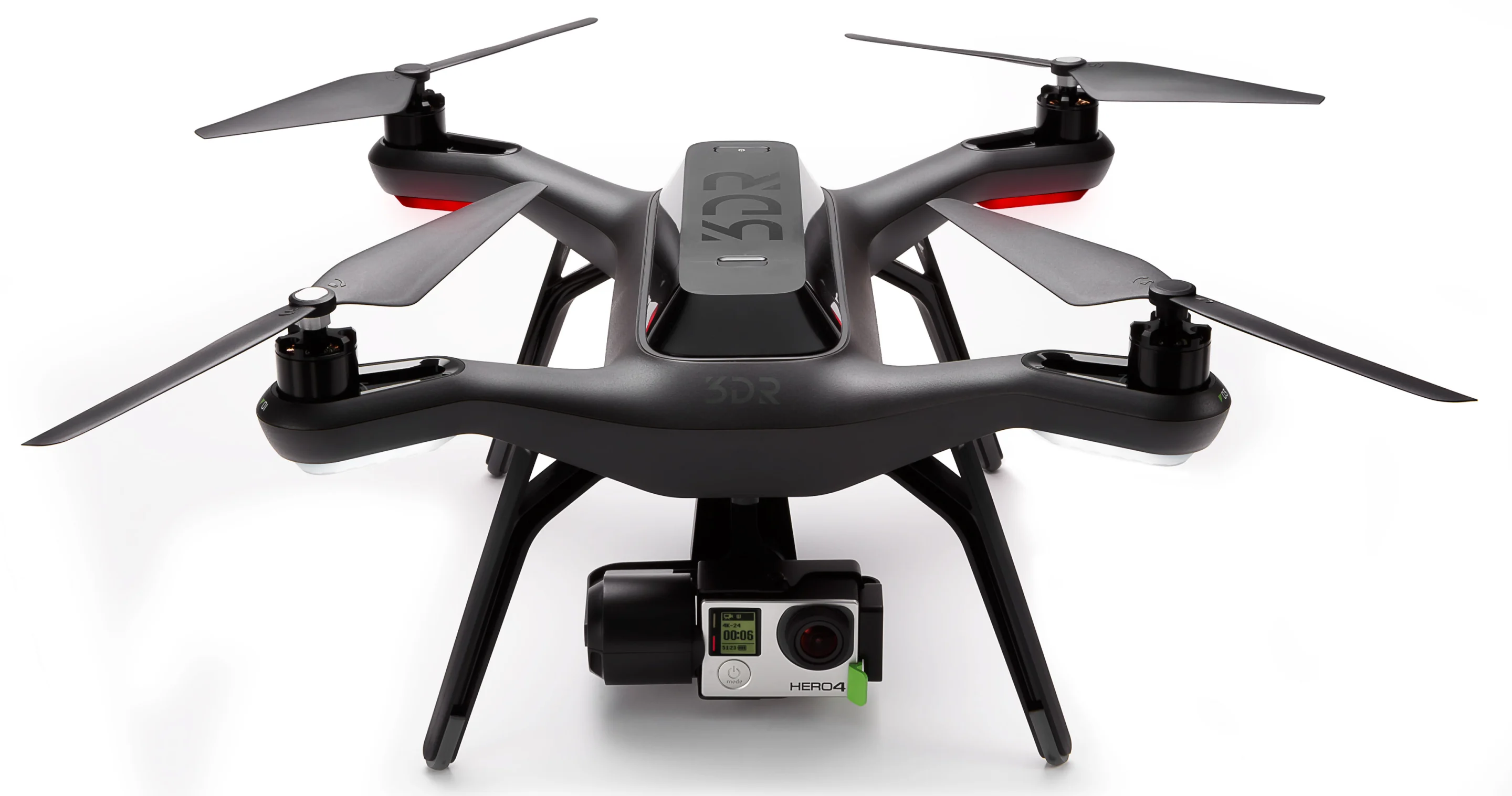 The Solo holds a GoPro4 or GoPro3+ camera in a 3-axis gimbal that stabilizes the camera for professional looking video