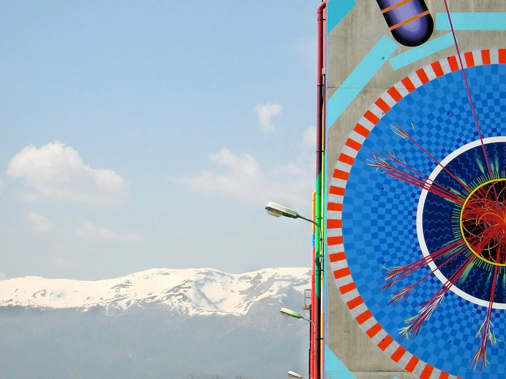 View past the CERN ATLAS mural toward the Jura mountains outside of Geneva to the southwest (Photo: J. Kristofoletti)