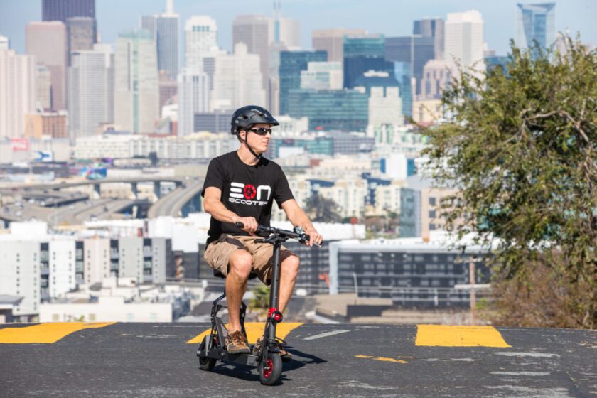 The Eon Scooter can be ridden as easily sitting as standing