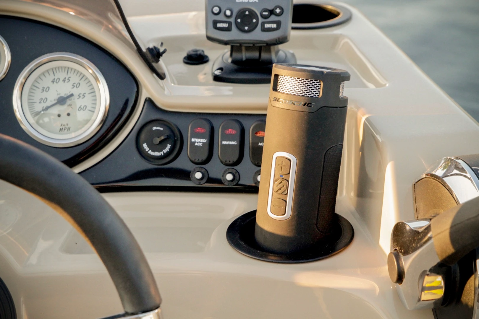 The Scosche BoomBottle+ can fit in most modern vehicle cup holders