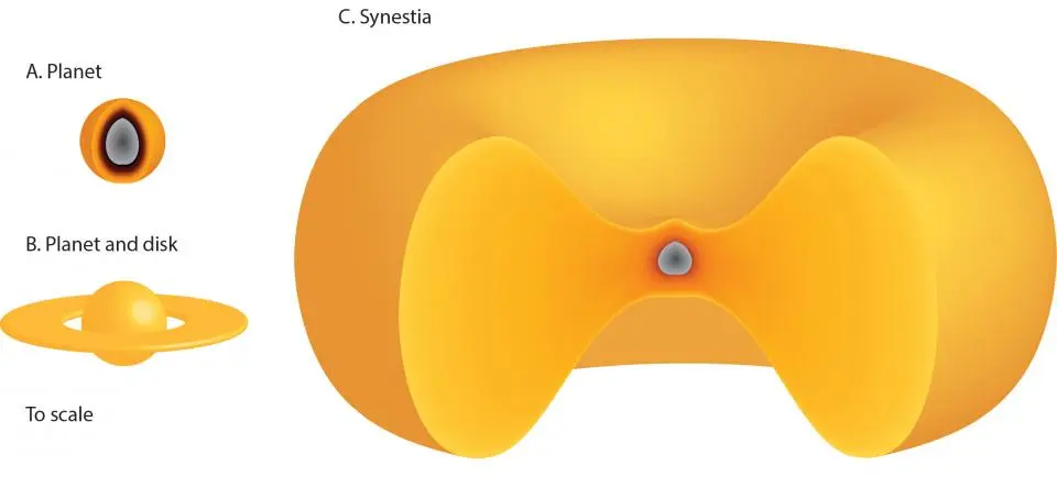The synestia is formed by the collision of two similar sized planets