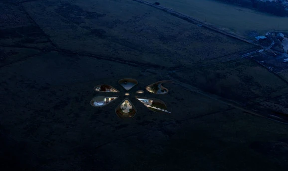 A series of teardrop shaped outdoor areas give the building its floral flavor when viewed from above