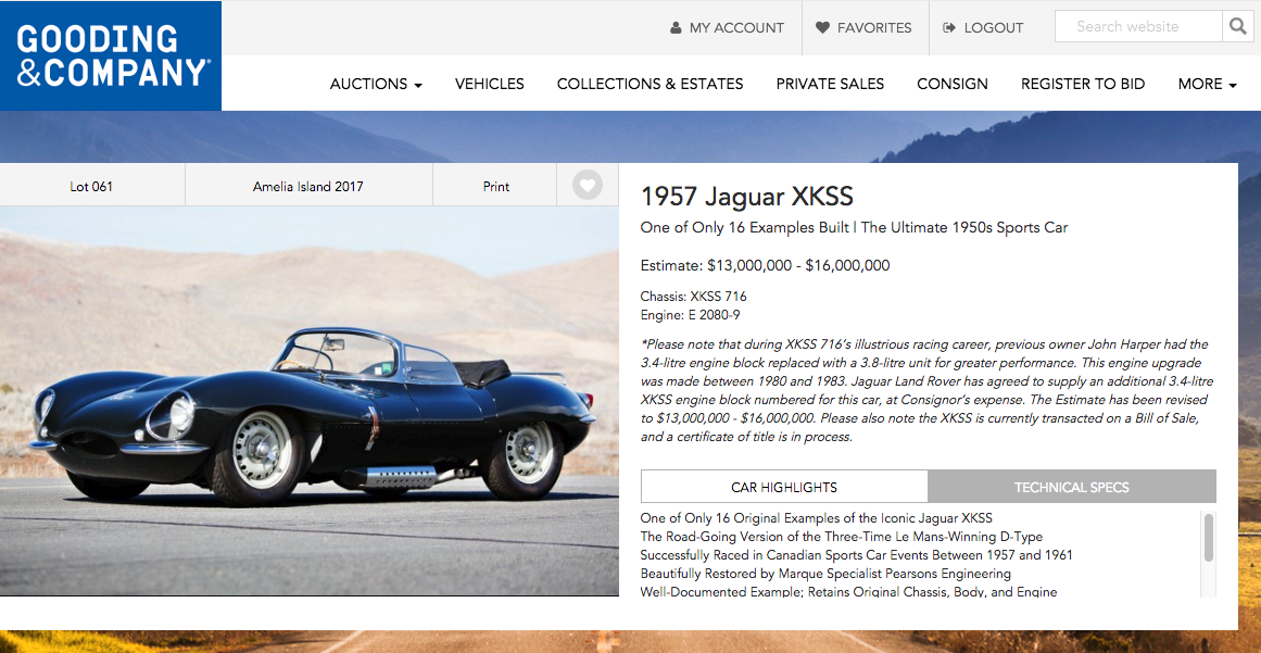 One of only 16 ever built, this 1957 Jaguar XKSS went to auction with Gooding & Company at Amelia Island in March, 2017, the first XKSS to go to auction for a decade. Originally estimated at $16,000,000 to $18,000,000, the estimate was revised prior to auction to between $13,000,000 and $16,000,000, but the XKSS attracted a high bid of just $11.9 million and failed to sell.
