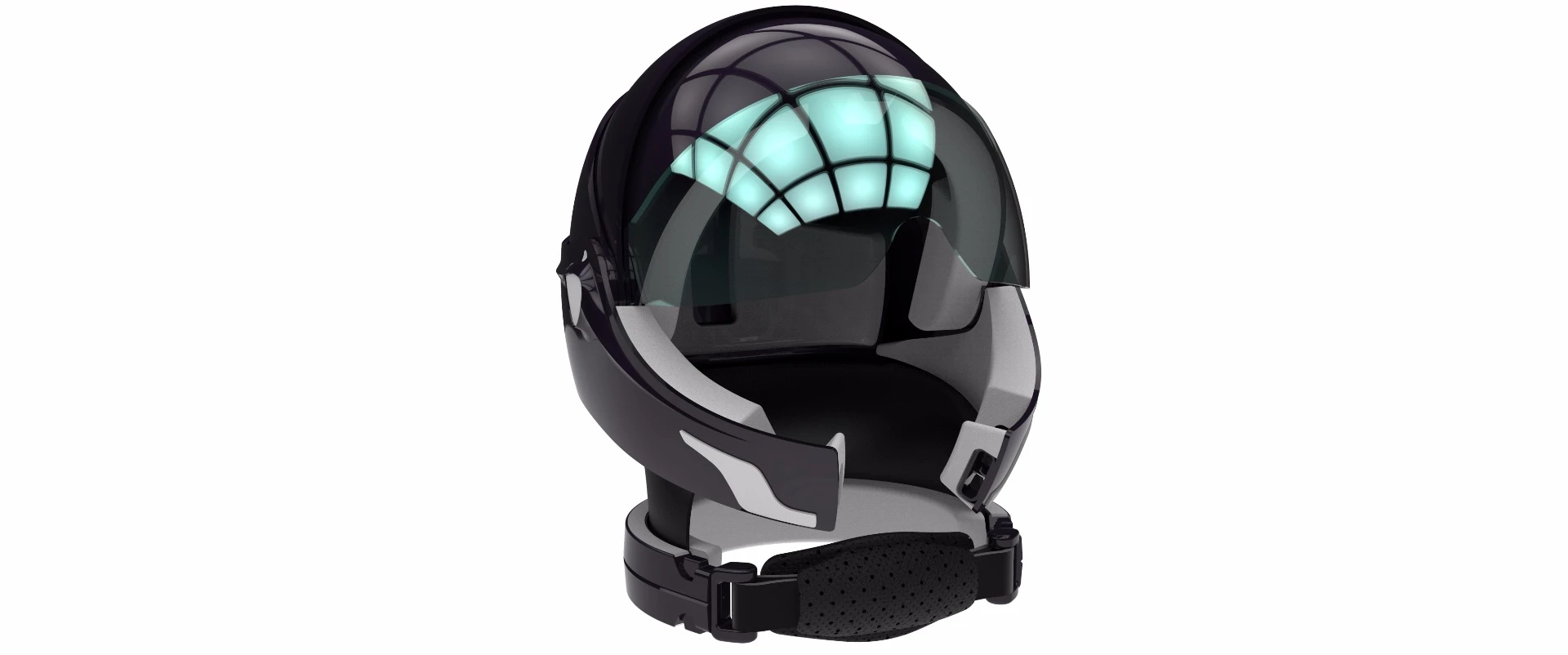 A front view of a 3D graphic rendering of the Alpha helmet