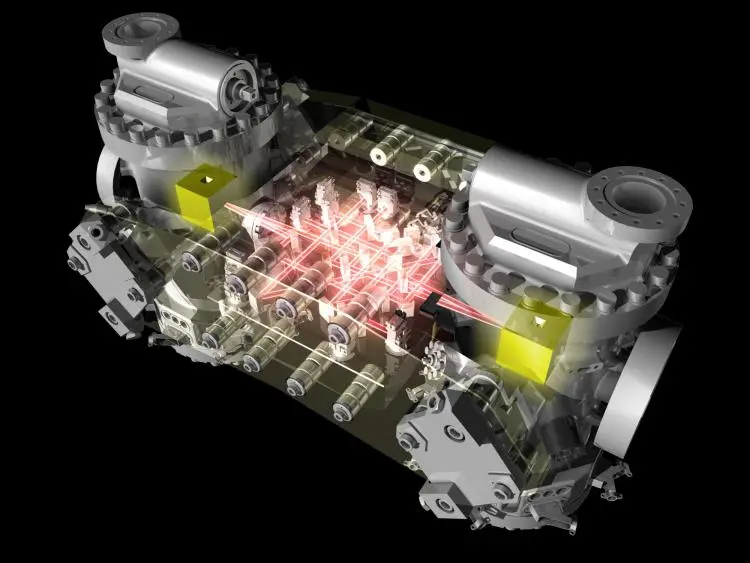 A CAD drawing of the LTP with the optical bench and beam paths highlighted (Image: Albert Einstein Institute)