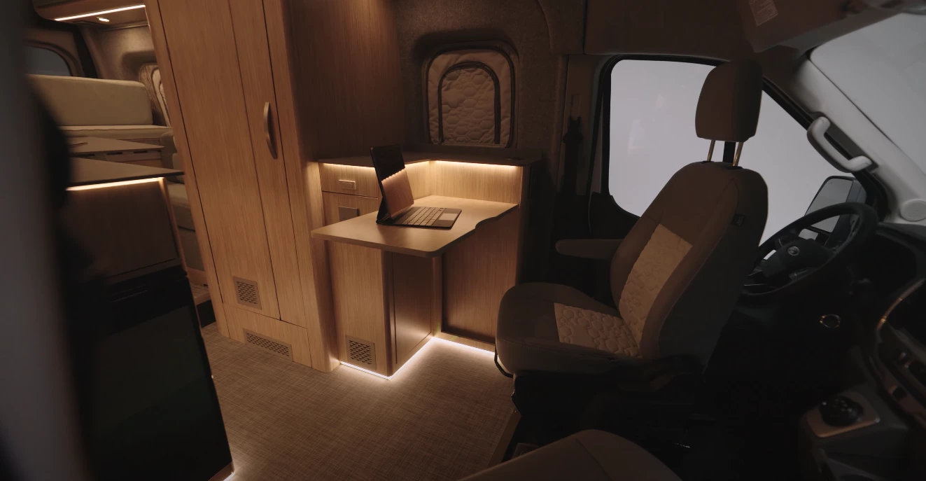 The Winnebago eRV2 is designed with the digital nomad trend in mind, offering two convertible workstations