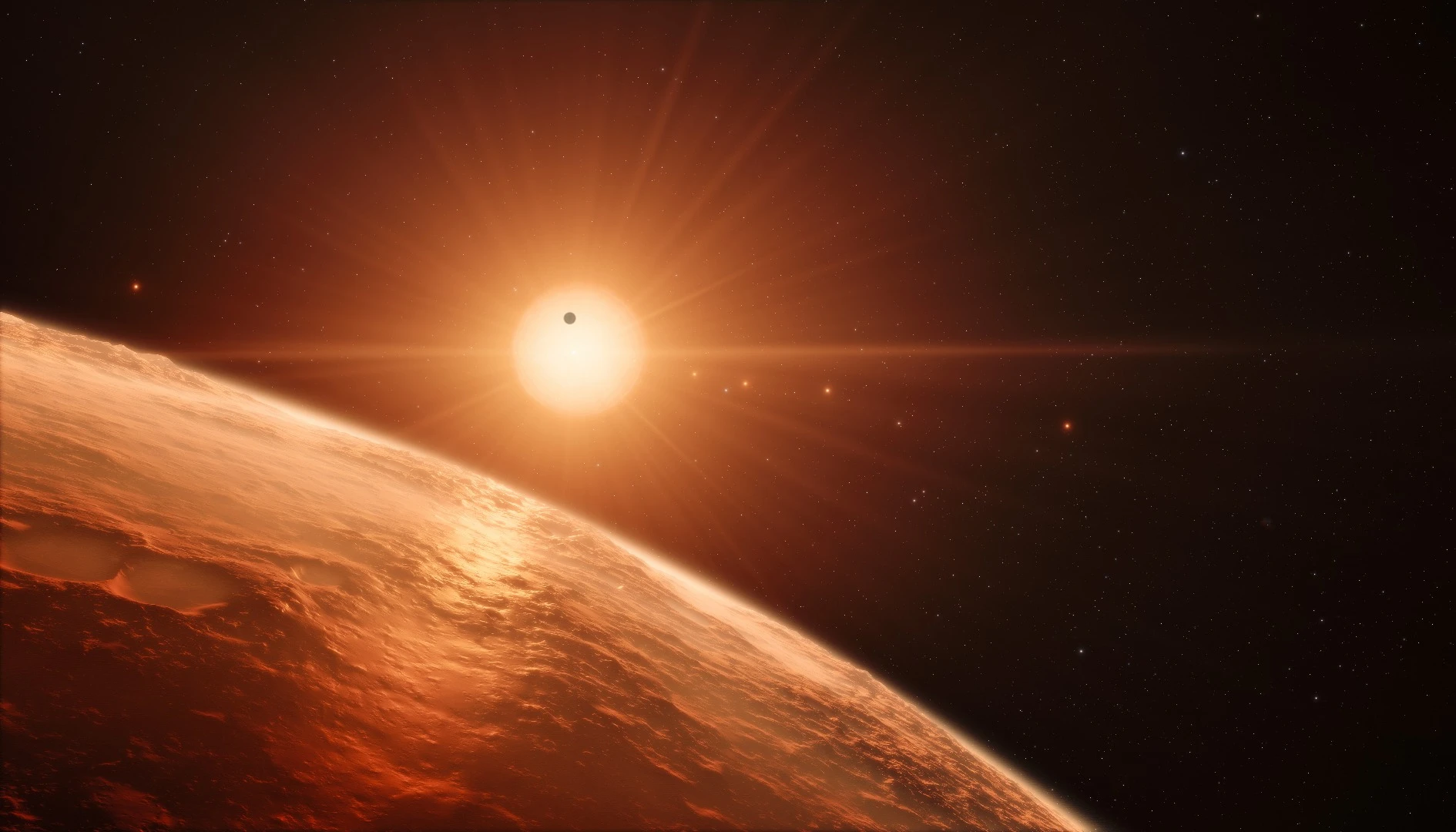 Artists's impression of the TRAPPIST-1 solar system. TRAPPIST-1 now holds the record for the solar system with the most orbiting Earth-sized exoplanets
