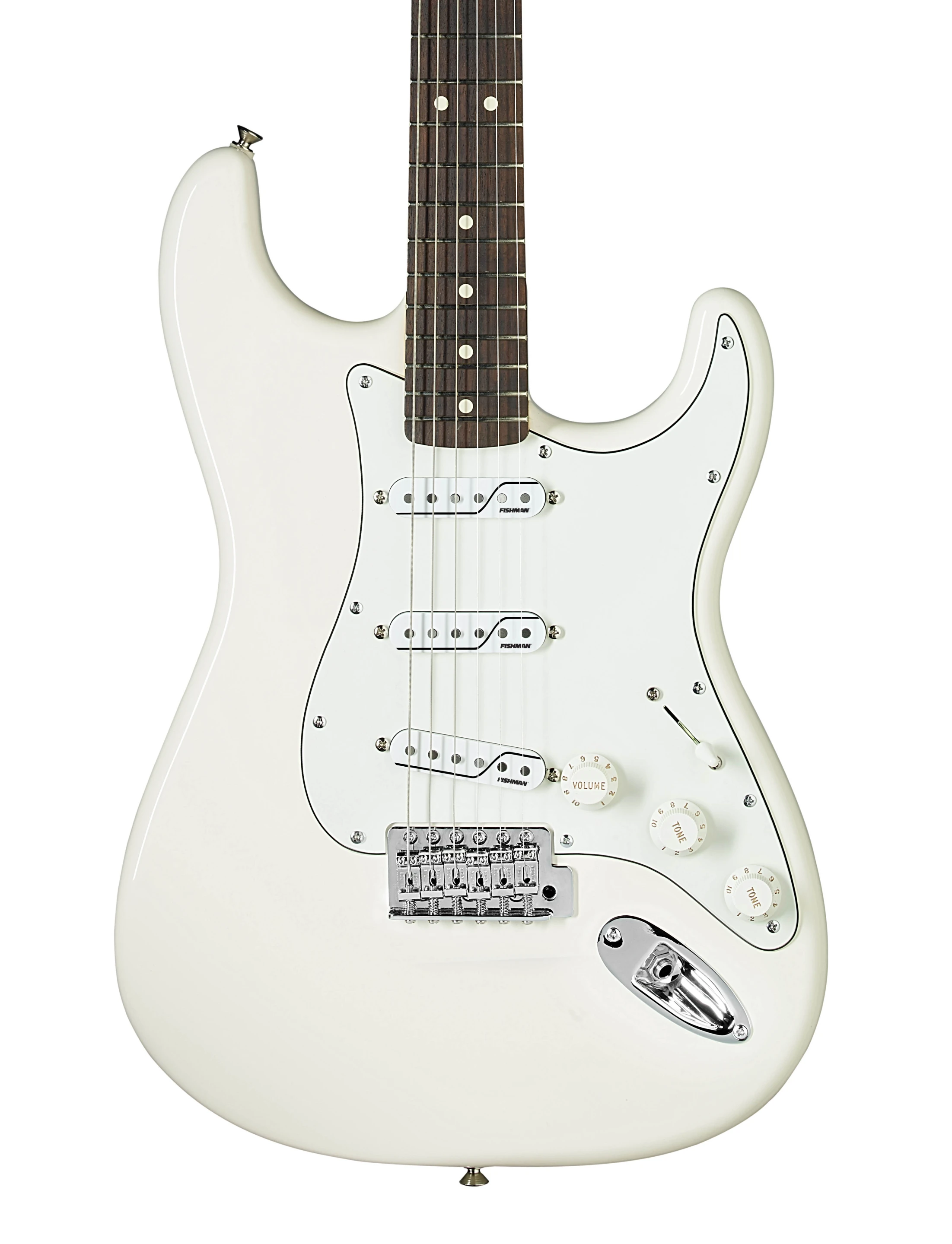 A Stratocaster guitar with single width Fluence pickups installed