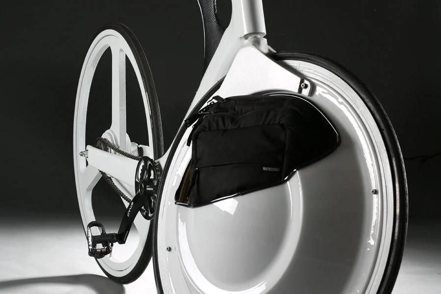 The Transport's front wheel holding a backpack