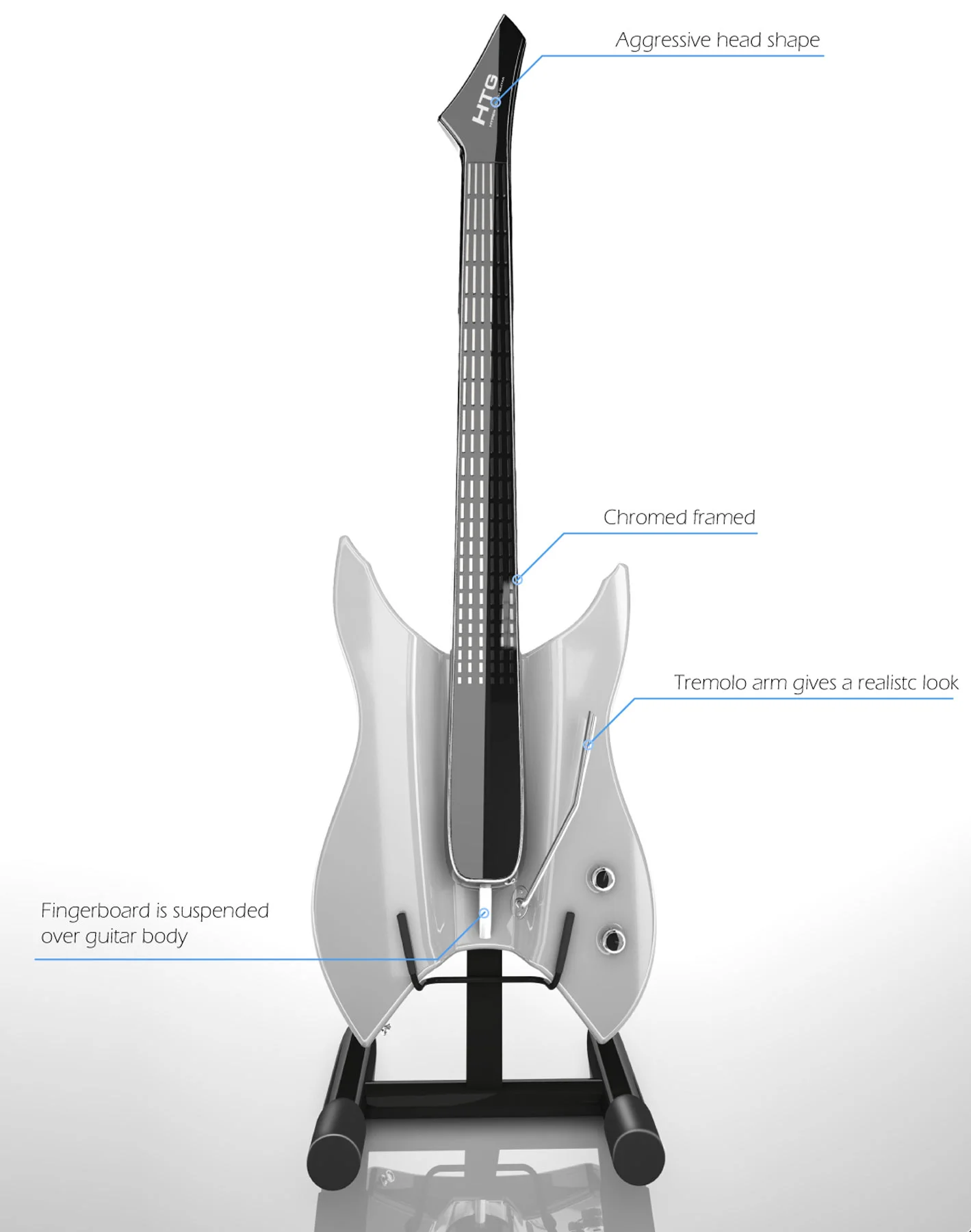 HTG features a tremelo arm and capacitive touchscreen neck and pick area