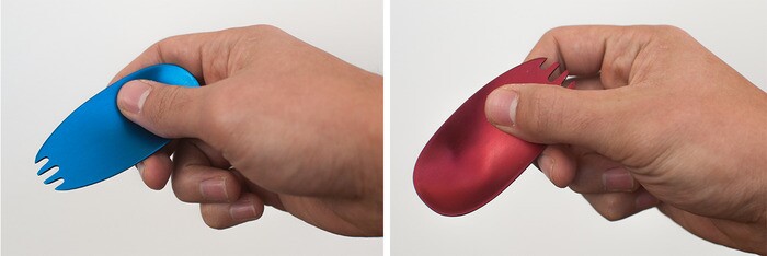 The Kuma is held at one end to be used as a spoon and at the other to be used as a fork