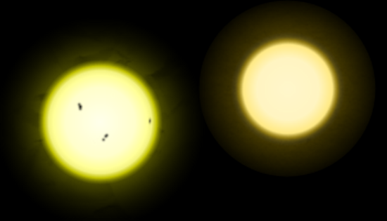 Comparison of the smaller Tau Ceti to the Sun. It is a bit smaller, cooler, and more stable than the Sun (Photo: R.J. Hall)
