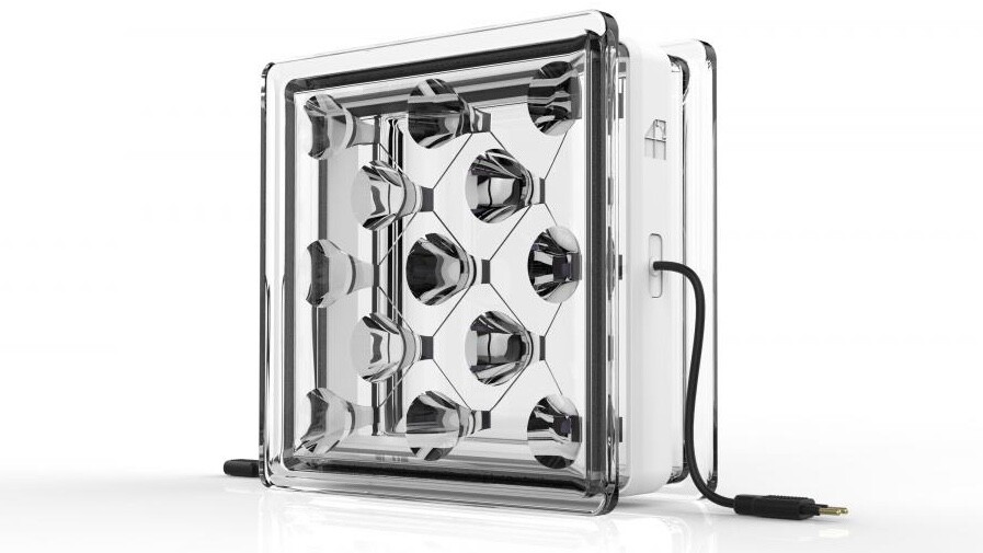 Solar Squared blocks contain multiple optical elements that each focus incoming sunlight onto an individual solar cell