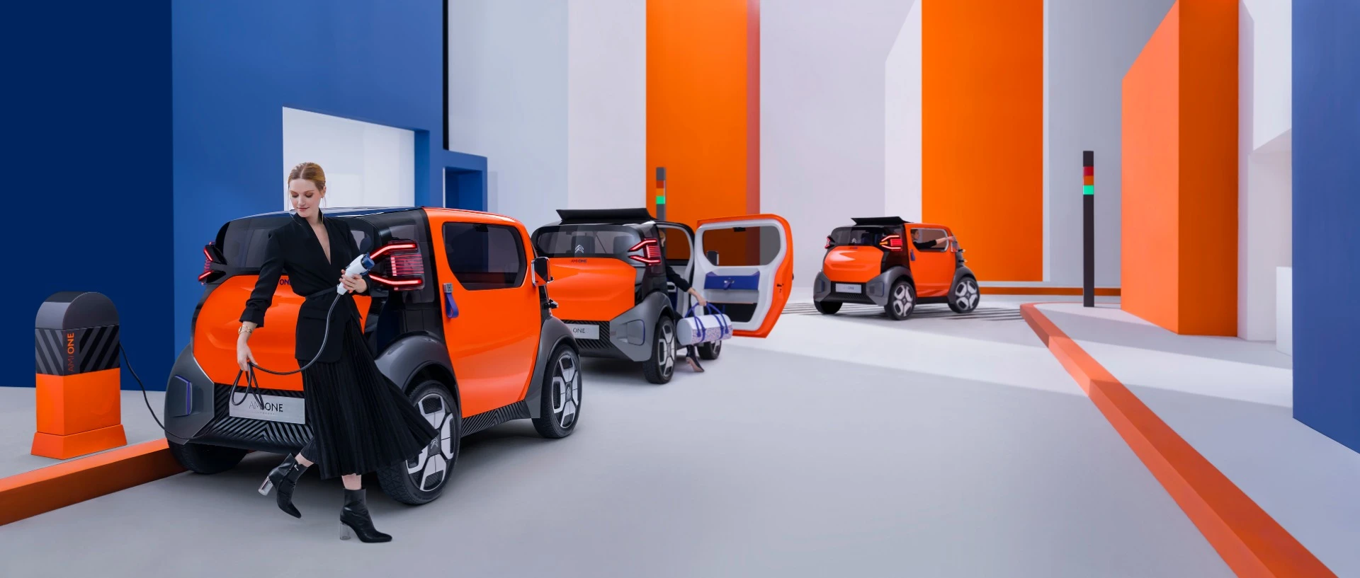 A battery built into the floor of the Ami One concept can be charged in as little as two hours and provide a 100-km-range (62 mi)