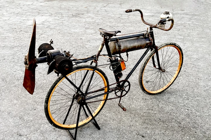 If this bicycle frightens you, look closer. It doesn't have any brakes, and adjusting the throttle speed (i.e 50 mph self-contained gale) requires tinkering with the fuel-air-mix at the motor, which is two feet behind you. Hence, there's no immediately available throttle adjustment and no kill switch either, so you're taking your own meat grinder to the picnic.