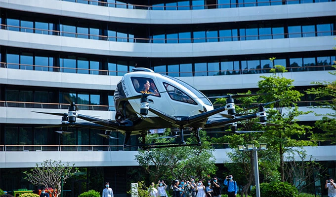 Media representatives attending an eHang signing ceremony on May 9, 2020, were offered air tours around the LN Garden Hotel