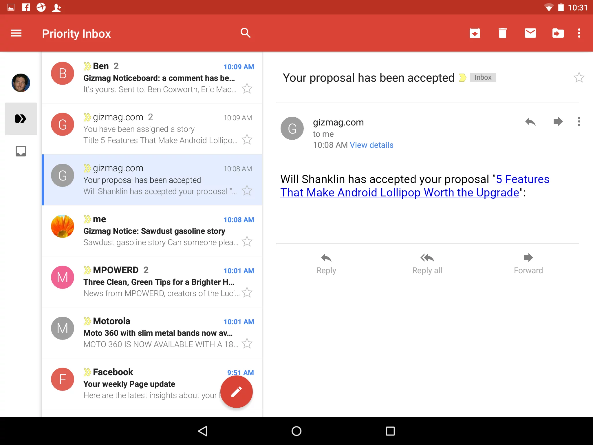 Gmail in landscape view on a Nexus 9