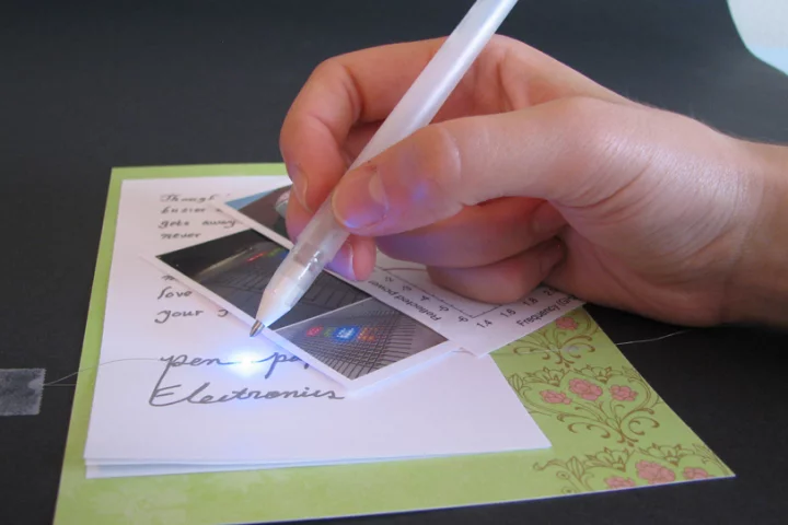 The silver pen can write electric circuits and interconnects directly on paper and other surfaces (Image: Bok Yeop Ahn)