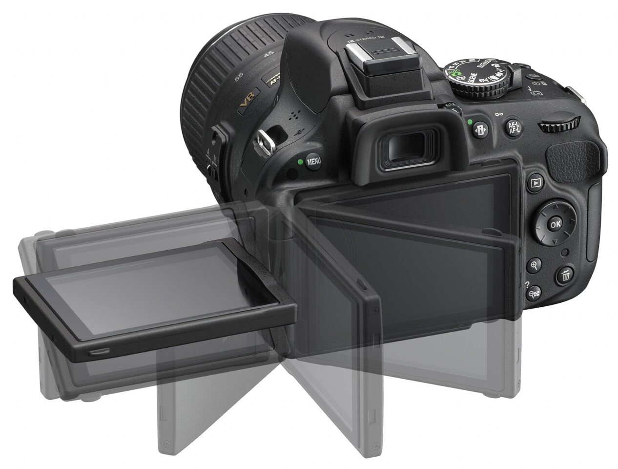 The Nikon D5200 features a side-articulating 921K dot 3.0" tilt/swivel LCD