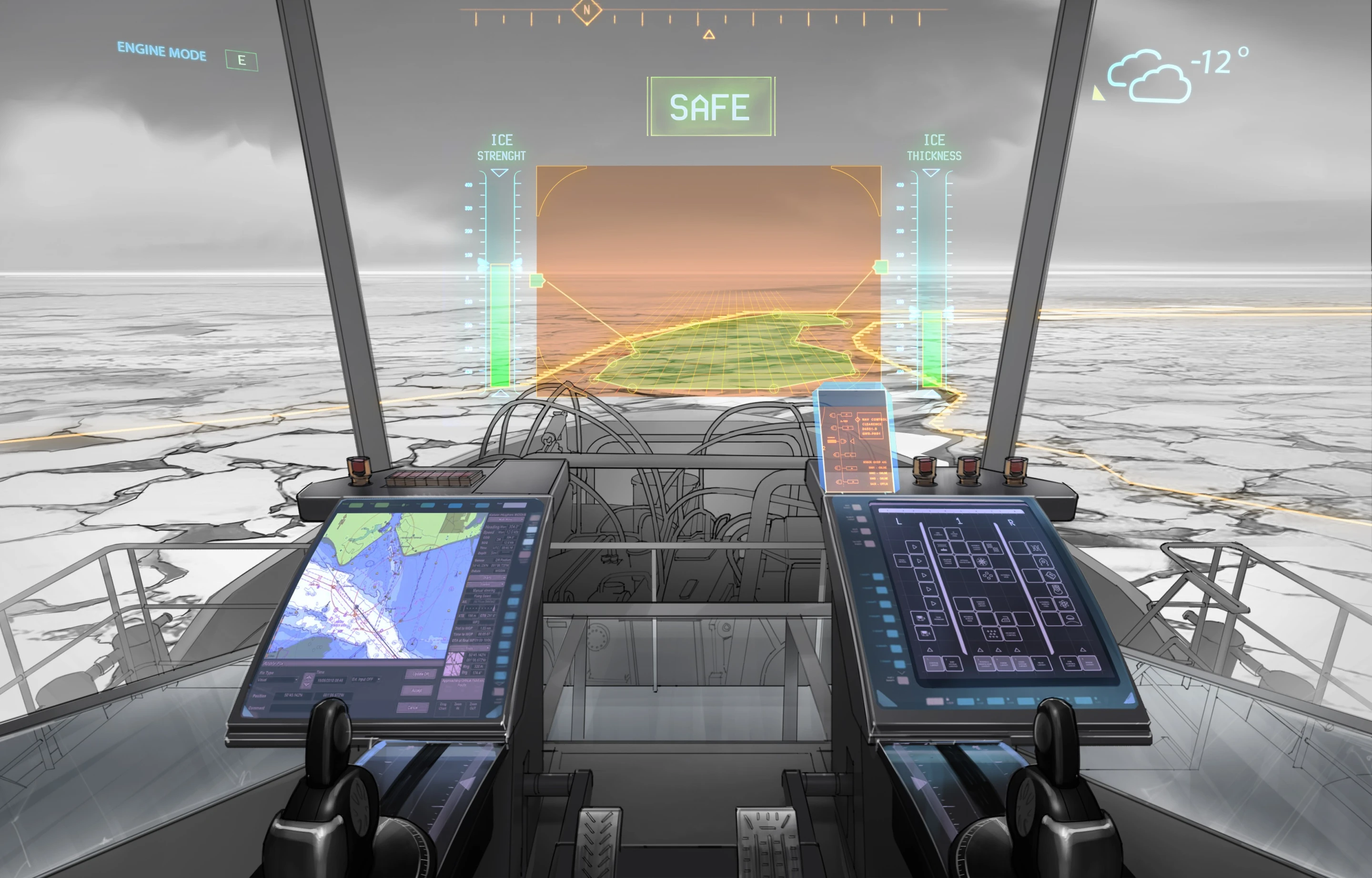 The Rolls-Royce oX provides information on hazards, such as ice floes